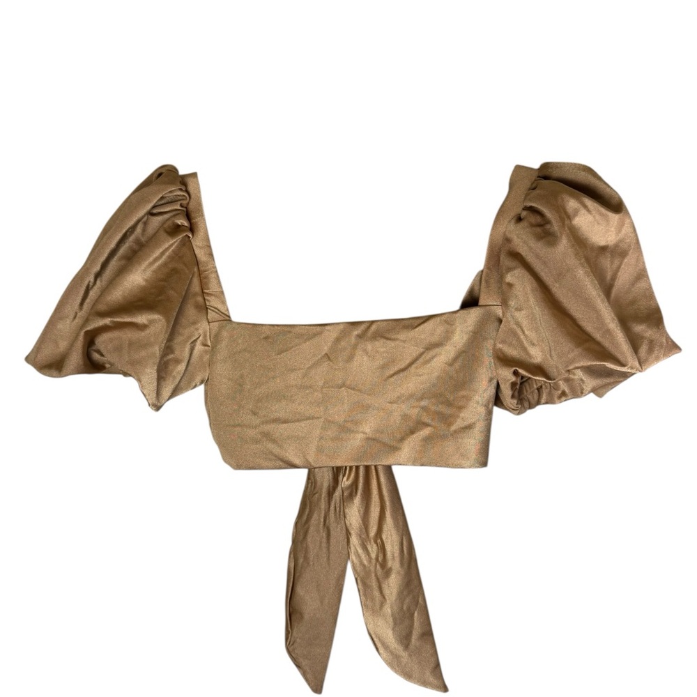 Agua Bendita Gold Calista Free People Puff Sleeve Tie-Front Bikini Swim Top sz S